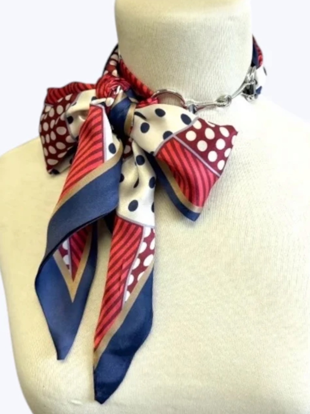 Polka Dot & Stripe Navy Red Silk Scarf Neck Tie